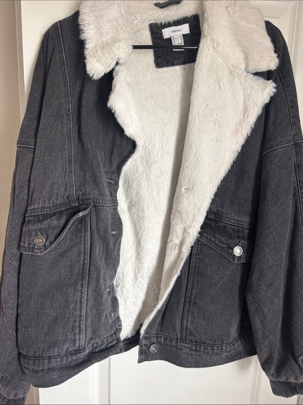 Forever 21 Black Denim Jacket with White Faux Fur Lining